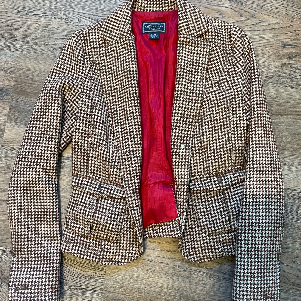 Vintage American Eagle wool blazer brown and tan houndstooth with red accents